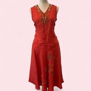 Y2K Parisian Coral Linen Blend Skirt & Top Set Gold Beading Floral Embroidery 8